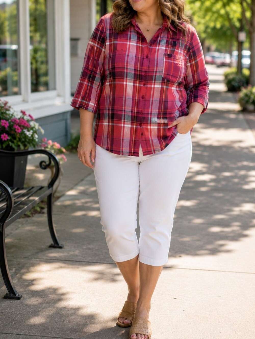 ALIA Plus Size Pink Red Plaid Button-Up Shirt 3/4 Sleeve Cotton Blend Career